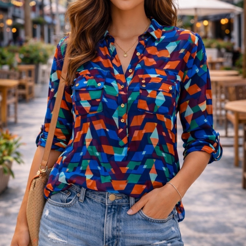 New A.N.A Colorful Geometric Blouse Size L | Semi Sheer Button Front Boho Top